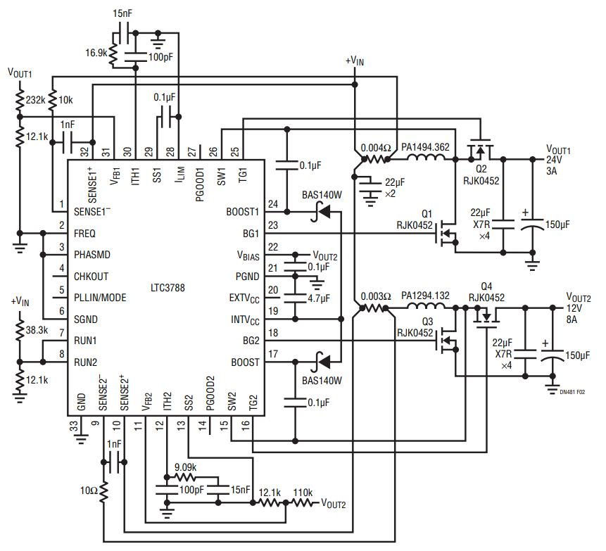 Figure 2. The LTC3788 Converter is Over 95% Efficient Even Under Worst-Case Conditions. When VIN > VOUT(SET), Efficiency Approaches 100% as Shown in Figure 4.