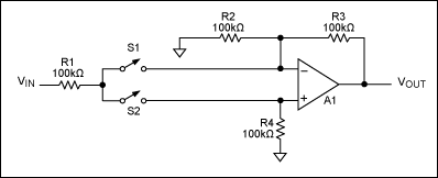 图1. 当S1断开、S2闭合时，电路为-1倍增益的反相放大器；当S1闭合、S2断开时，电路为+1倍增益的同相放大器。