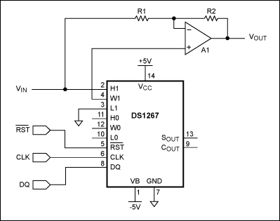 图2. 利用数字电位器代替S1和S2，可以数字控制电路增益(从-1至+1)。DS1267上电时滑动端位于电位器的中心位置，相当于在反相和同相输入端施加相同电压，使运算放大器输出为零，从而建立一个有效的上电静音功能。