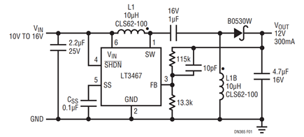 Figure 1. 10VIN-16VIN to 12V at 300mA SEPIC Converter.