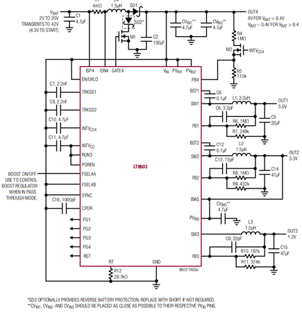 Figure 1a. Cold Crank Tolerant Automotive Supply with Three Regulated Outputs.