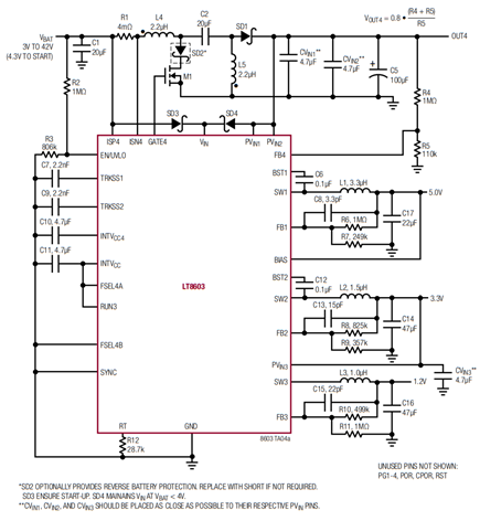 Figure 2. Four Regulated Outputs with Channel 4 Configured as a SEPIC.