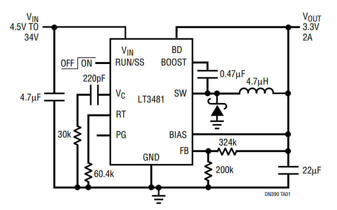 Figure 1. 800kHz LT3481 DC/DC Converter Delivers 2A at 3.3V Output.