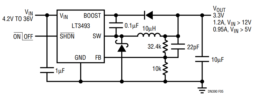 Figure 5. LT3493 Wide Input Range DC/DC Converter Application to 3.3V.