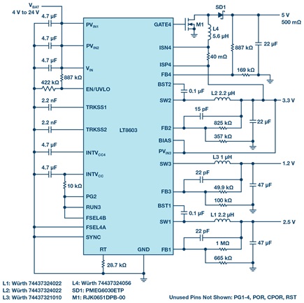 Four regulated outputs with the boost converter are powered from the Channel 3 buck regulator