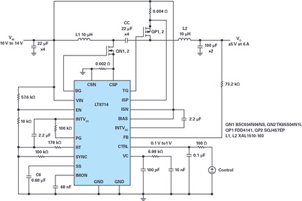 An electrical schematic of a power supply based on the LT8714 operating in two quadrants VIN 12 V, VO ±5 V at 6 A