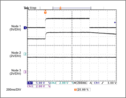 Figure 3. These waveforms from Figure 2 (see numbered nodes) show that a switch from battery to USB voltage has no effect on the load voltage (bottom trace).