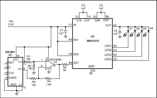 Figure 1. This circuit provides a logarithmic-dimming capability for white LEDs.