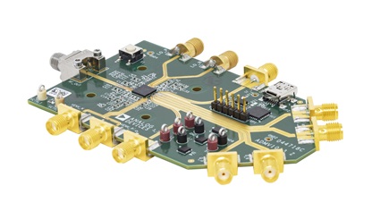 The ADMV1013 in a 6 mm × 6 mm surface-mount package shown on its evaluation board