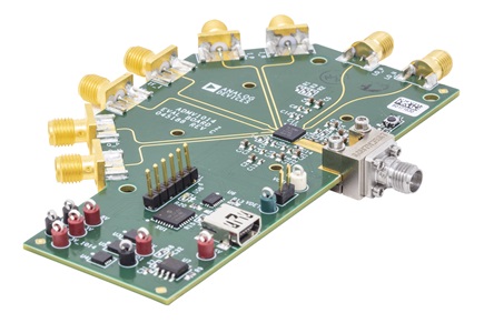 The ADMV1014 in a slightly smaller 5 mm × 5 mm package mounted on its evaluation board