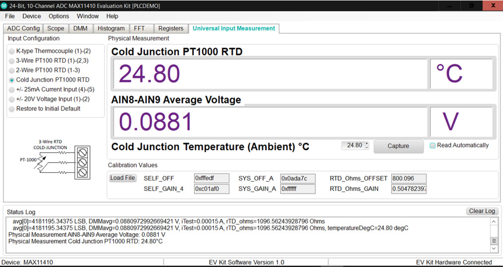 Figure 2. Cold junction temperature measurement using the MAX11410 ADC and PT1000 RTD.