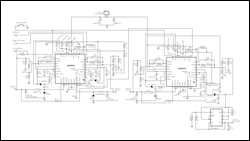 图10. 多DSL (VDSL/ADSL)电源管理。输入：5.5V至7V, 输出: VOUT1 = 1.2V/1.5A, VOUT2 = 1.8V/1A, VOUT3 = 3.3V/1A, VOUT4 = 12.8V/200mA。每个变换器的开关频率为2.2MHz，组合开关频率相当于8.8MHz。开关频率与系统时钟同步。