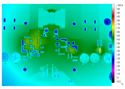 Figure 7. At 12V input and 300W output, the converter in Figure 5 remains cool, under 66°C. At 9.5V input, its worst-case thermal condition, the hottest components remain below 100°C.