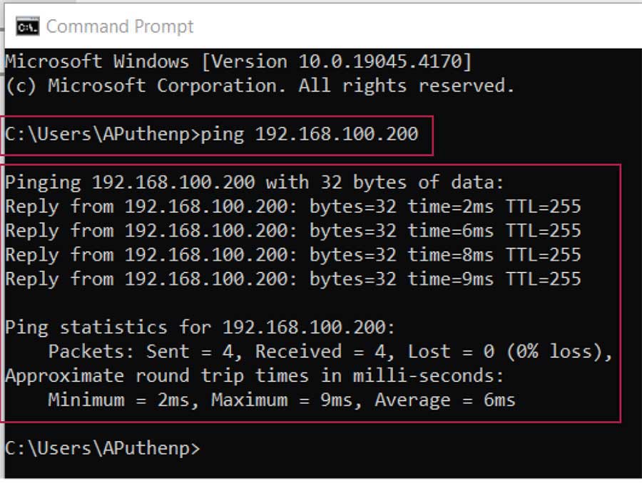 Figure 4. Ping output in command prompt.