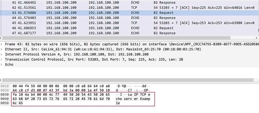 Figure 14. TCP Echo server output in Wireshark.