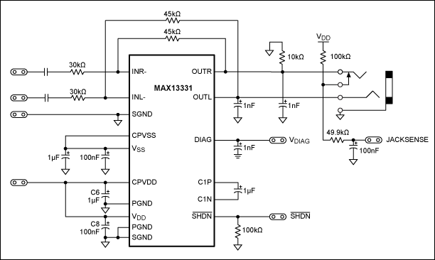 图2. 增加了插孔检测功能的MAX13331原理图