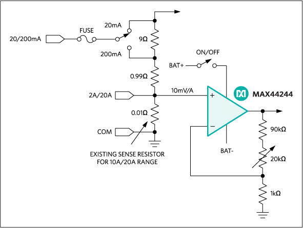 Schematic diagram of the additional amplifier circuit, which provides an extra current range of 2000mA to the multimeter. The grayed portion is the original circuit for the lower DC current ranges. The black portion is the added circuitry featuring the MAX44244 precision op amp.