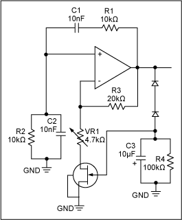 Figure 3. A Wien-bridge oscillator with a junction gate field-effect transistor (JFET) in the feedback network.