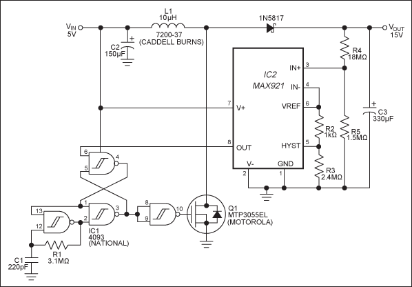 Figure 1. Consuming only microwatts of power, this 5V-to-15V boost converter provides low load currents with high efficiency.