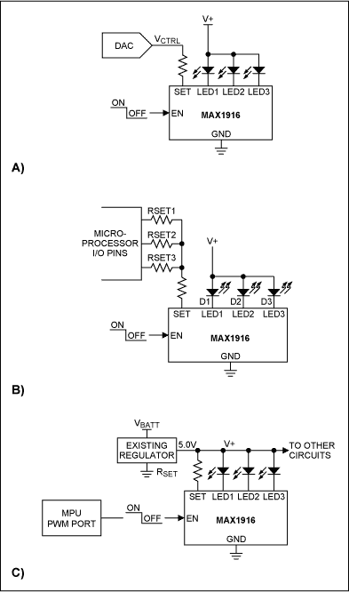 图5. MAX1916驱动白光LED时的三种电流调节方法。