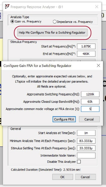 Figure 2. Bode plot settings in the frequency response analyzer window.