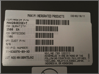 Figure 2. A counterfeit shipping label for a supposed Maxim part. Note the incorrect spelling of the full company name. Everything else seems legitimate.