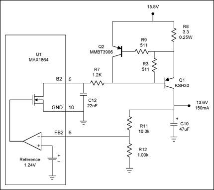 Figure 2. The addition of a current-sense resistor R8 and transistor Q2 provides current limiting.