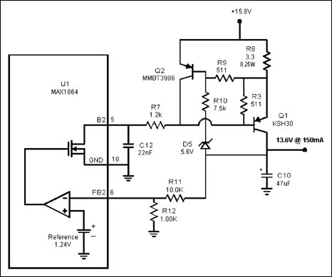 Figure 4. Foldback current limiting is added. The Zener diode, D5, limits the voltage drop on the pass element, Q1, to 5.6V. This helps reduce the power dissipation on Q1 during short circuits.