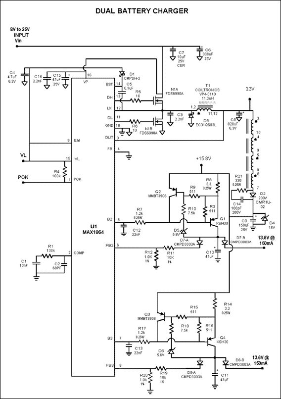 Figure 6. The MAX1864 forms a dual battery charger for a wide input-voltage range.