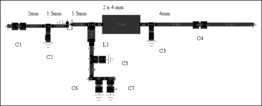 图4. 2mm x 4mm短截线的布线图(0.4mm引线电阻为50Ω，微带线的长度标在图上)