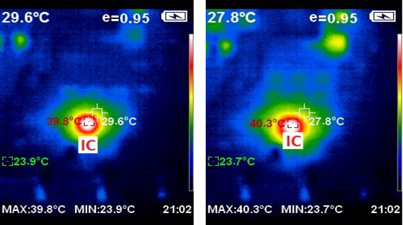 IC temperatures with 9LED/String, 100mA/String × 4, 400kHz before and after a 100ms crank.