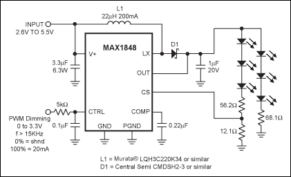 Figure 11. Current regulation with the MAX1848 inductive boost converter drives up to 6 LEDs