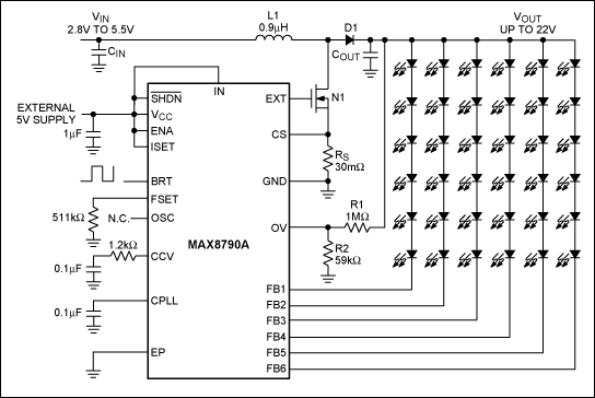 Figure 13. MAX8790A inductor boost converter drives up to six parallel chains of LEDs