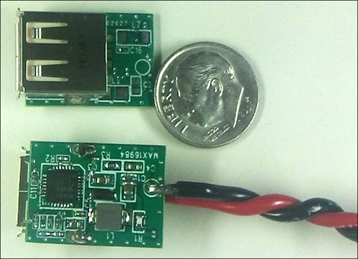 Figure 8. Form factor for complete MAX16984 solution shown next to a U.S. 10-cent coin.