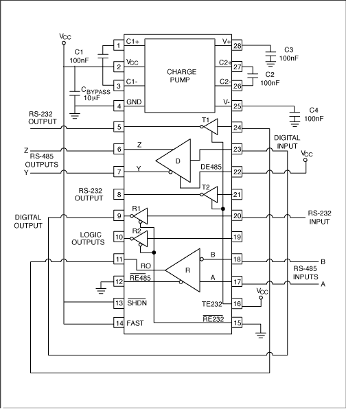 MAX3162在点对点应用中双向转换RS-232和RS-485信号