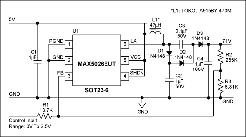 Figure 1. Low-noise APD bias power supply. Varying the control input voltage from 0V to 2.5V results in output voltage change from 71V to 24.7V.