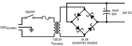 Figure 11. Simple combination of a 24VAC(RMS) transformer, rectifier bridge, and capacitor provides AC/DC 34V front-end for a complete solution.