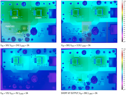 Figure 5. Thermoscans of bench supply in high power conditions and shortcircuit show that the DC bench supply components remain cool without the use of a heat sink or fan.