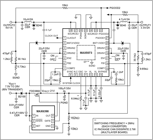 图6. MAX5073 2MHz buck转换器配合MAX6398保护开关的典型电路，该设计具有高性能以及较高的抗干扰能力。