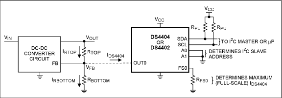 图1. DS4404在DC-DC转换器反馈电路中的连接