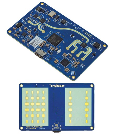 Figure 4. An EV-TINYRAD24G credit-card sized board, a complete FMCW radar system. The top image shows the top side showing ADI’s 24 GHz chipset. The lower image shows transmit and receive center-fed patch antennas.