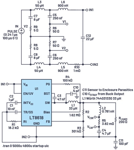  LTspice LISN circuit, LT8618 buck converter, and parasitic modeling