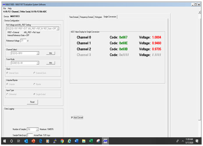 MAX11613 captured data from 1.0000V input voltage with different source impedances