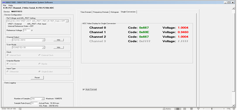 Data with 1.0000V input. CH0 source impedance is 50?. CH1 source impedance is 10k? with 100pF to the ground. CH1 source impedance is 10k? with 0.1µF to the ground