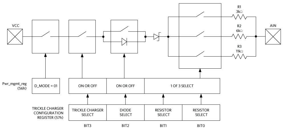 Figure 2. MAX31341B/C trickle charger circuit.