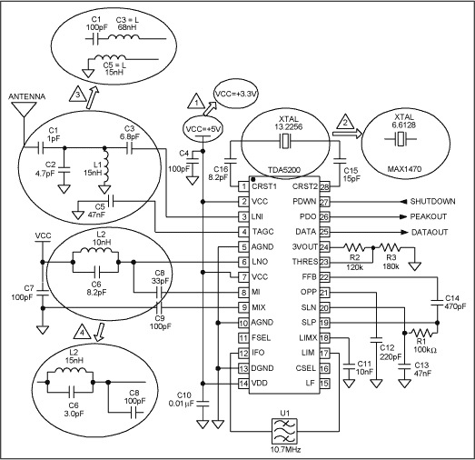 图1. 基于TDA5200的典型电路(433.92MHz)和四步转换步骤