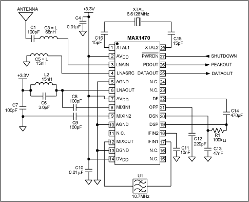 图2. 基于MAX1470的典型电路图(433.92MHz).