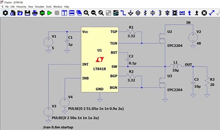 Figure 3. Evaluating an SMPS with GaN power switches within the LTspice simulation environment.