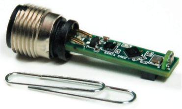 Figure 5. Industry's smallest IO-Link light sensor has six integrated sensors: ambient light (clear), red, green, blue, infrared, and temperature. This light sensor uses a Maxim IO-Link device transceiver with integrated 3.3V/5V linear regulators, configurable outputs (push-pull, pnp or npn), reverse-polarity/short-circuit protection, extensive fault monitoring. This all comes in a tiny 2.5mm x 2.5mm WLP package. It also features 64KB on-chip programmable flash memory, 4KB on-chip data flash, and operates down to 1.8V.