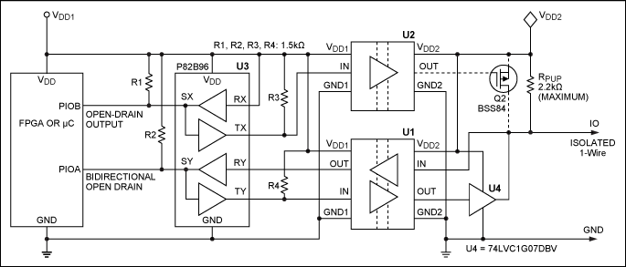 Figure 3. An isolated 1-Wire master circuit with a bidirectional host processor port.